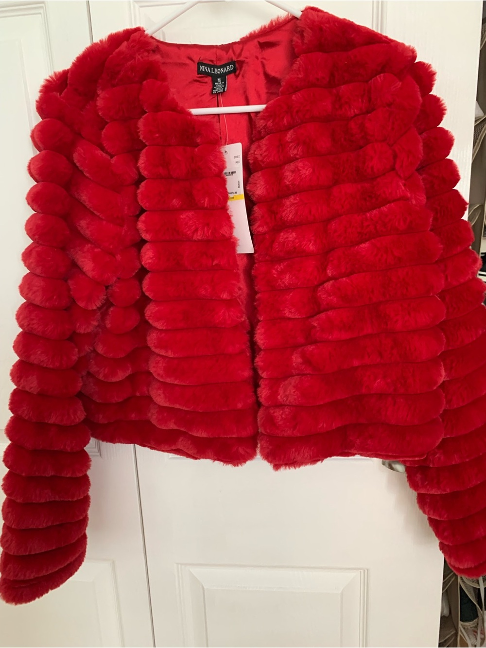 Nina Leonard Bright Red Faux Fur Flare Jacket NWT